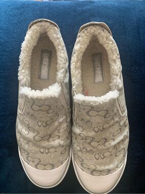 Coach Women's Jacquard Signature Slip-On Sneaker in Beige with Sherpa Lining